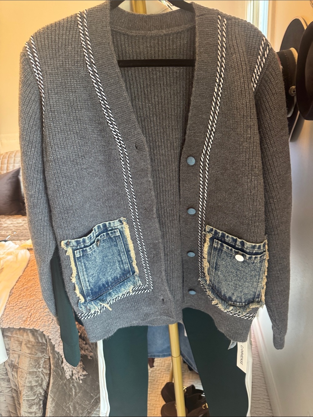 Commense Gray Ribbed Knit Cardigan with Button Accent